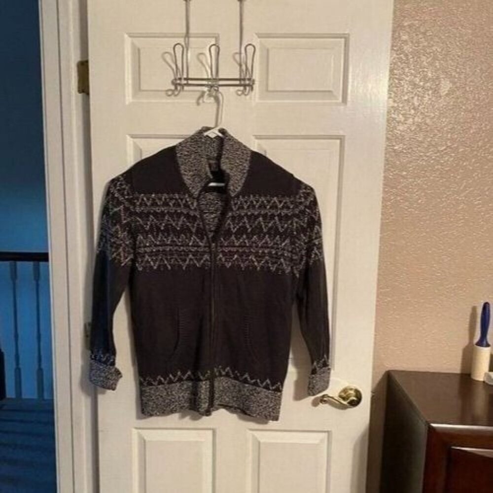 Eddie Bauer Sweater Jacket Womens Size XL Gray Fair Isle Nordic Full Zip